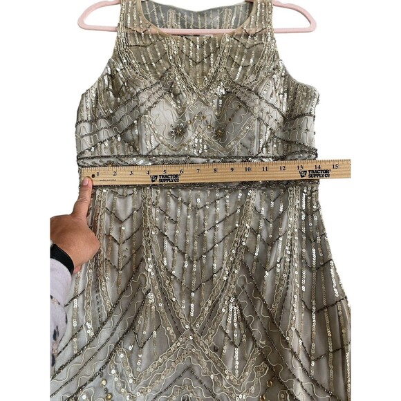 SUE WONG 10 Champagne Silver Beaded Sequin Bridal Formal Cocktail Evening Dress - Picture 8 of 16